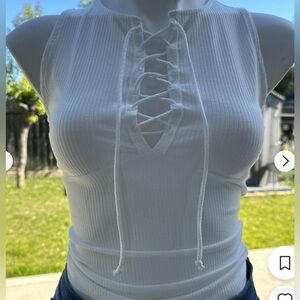 Ambiance Ivory Ribbed Lace-Up Womens Top. Size S.